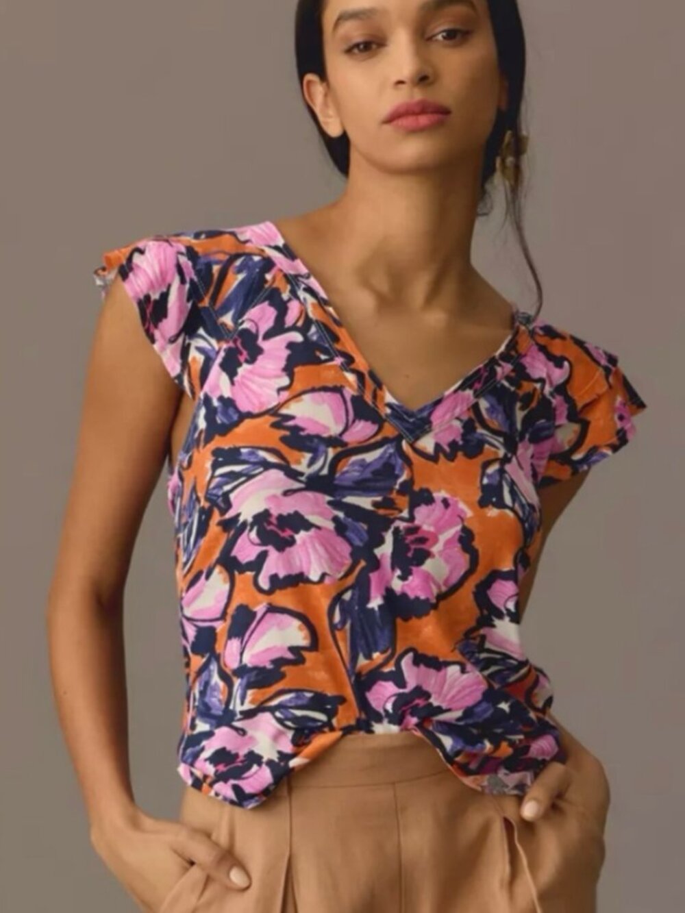 Maeve Anthropologie Catie Ruffle-Sleeved Tee Blouse Top Orange Multi Size XS